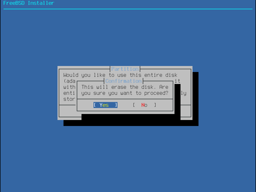 Меню, предупреждающее пользователя о том, что все данные на диске будут удалены, и запрашивающее подтверждение