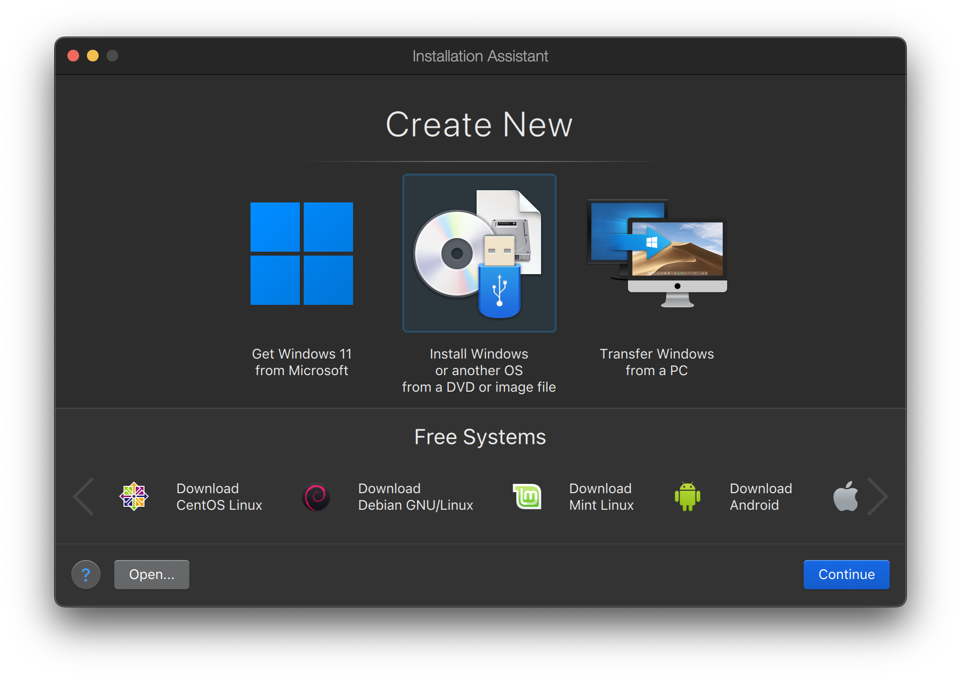 Мастер настройки Parallels с выбранным пунктом "Установить Windows или другую ОС с DVD или из файла образа"
