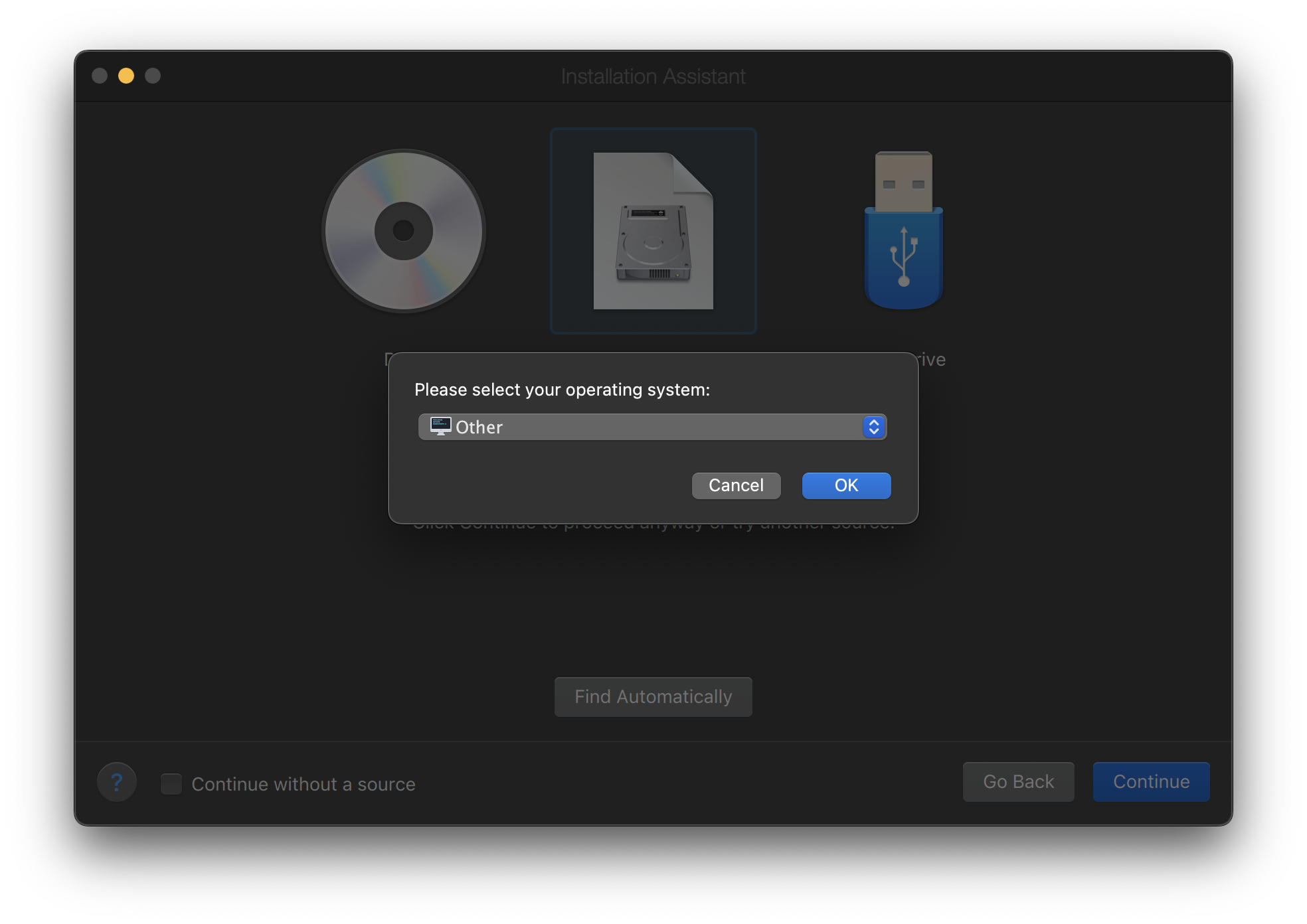 Мастер настройки Parallels, показывающий "Другое как операционной система"